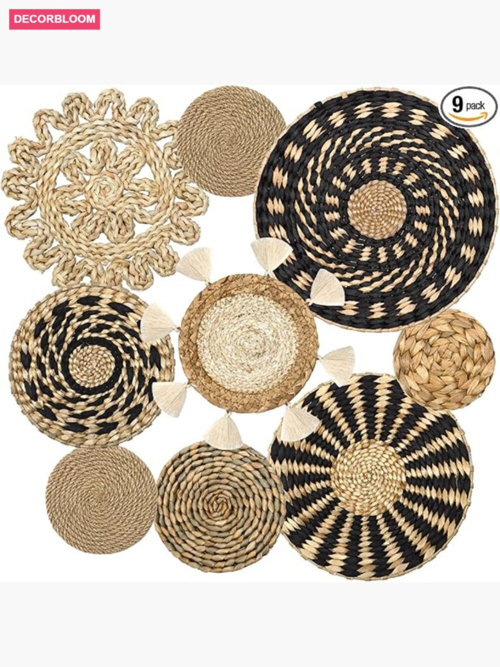 Set of 9 Handcrafted Woven Wall Baskets Rustic Boho Home Decor Wall Hanging Set